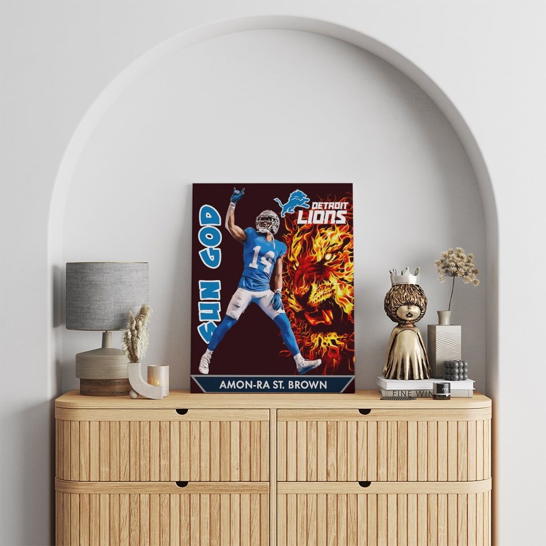 Amon-Ra St. Brown - Sun God - Mockup Framed canvas wall art painting of Detroit Loins wide receiver Amon Ra St. Brown on wall above a dresser
