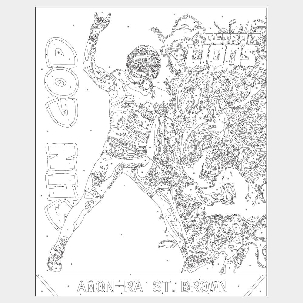 Amon-Ra St. Brown - Sun God - Outline Paint by number outline of Amon-Ra St. Brown Detroit Lions with lion head for do it yourself painting