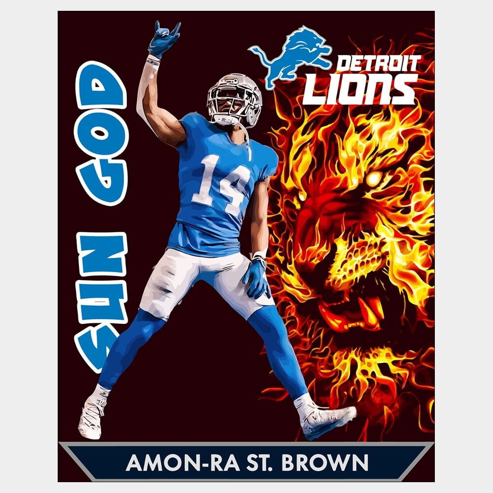 Amon-Ra St. Brown - Sun God - Vectorized Vector print of Detroit Lions WR Amon-Ra St. Brown Sun God posing with fire lion background