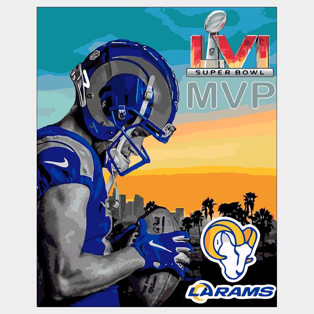 Cooper Kupp - SB MVP - Vectorized Vector fan art of Cooper Kupp WR Super Bowl MVP posing with city background and LA Rams logo