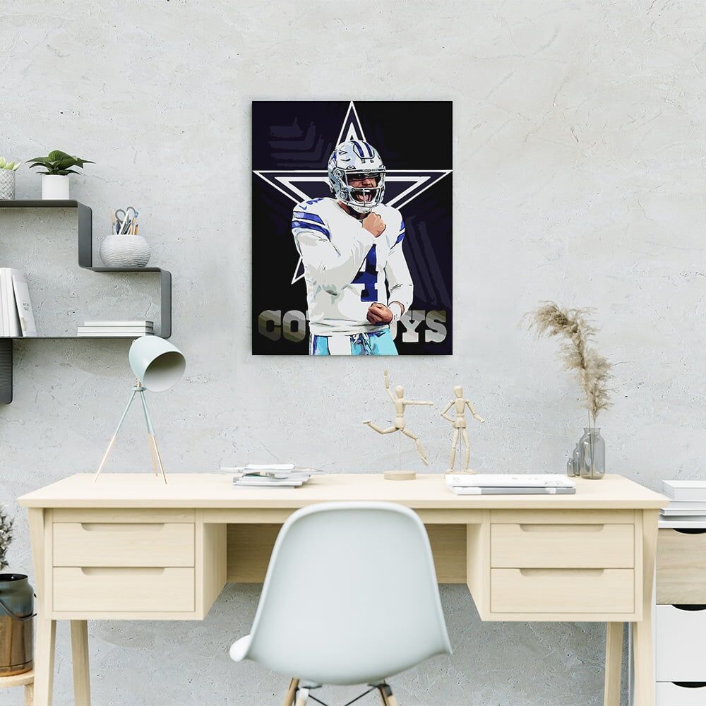 Dak Prescott - Dallas Star - Mockup Painted canvas wall art of Dak Prescott celebrating with Dallas Cowboys star logo in background hanging on wall