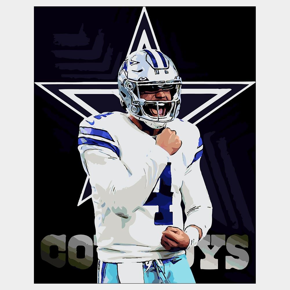 Dak Prescott - Dallas Star - Vectorized Vector print of Dallas Cowboys QB Dak Prescott celebrating with team logo in background