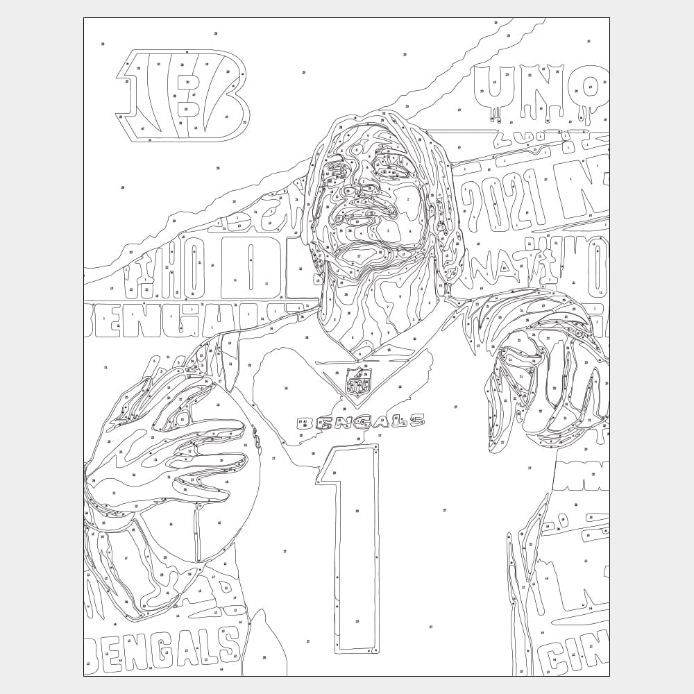 Jamarr Chase - Uno - Outline Paint by numbers outline of Cincinnati Bengals NFL Wide receiver Ja'marr Chase famous for his Griddy celebration dance posing with a football