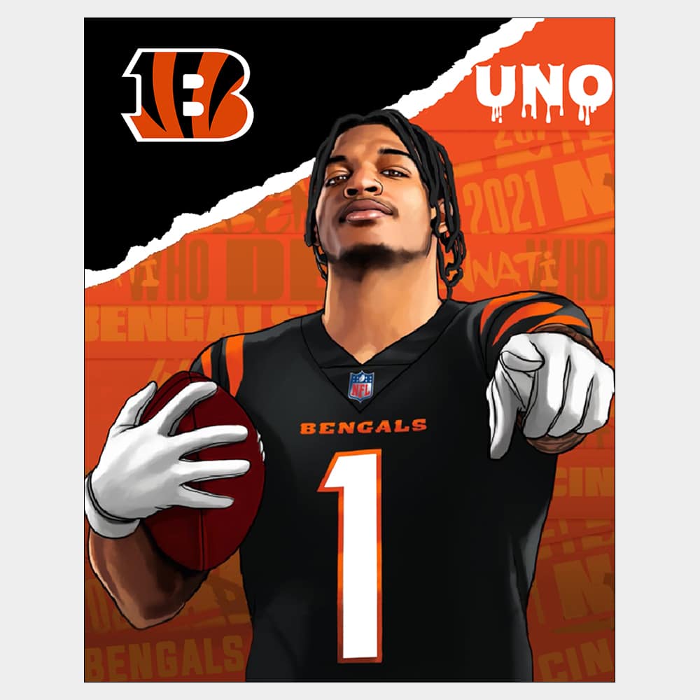 Ja'marr Chase - Uno - Raster Image Poster or wallpaper of NFL Offensive Rookie of the Year and electric wide receiver Ja'marr Chase posing in Cincinnati Bengals uniform with a football in his hand and Bengals logo and orange graffiti in background
