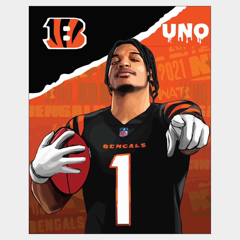 Jamarr Chase - Uno - Vectorized Vectorized poster print image of NFL wide receiver Jamarr Chase of the Cincinnati Bengals with an orange graffiti style background