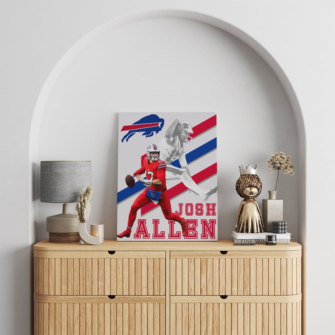 Josh Allen - The Hurdle - Mockup Framed canvas wall art of Buffalo Bills QB Josh Allen running and silhouette of the Hurdle in the background