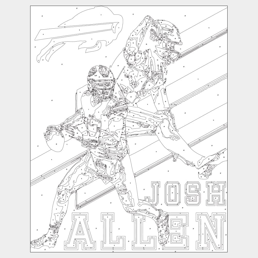 Josh Allen - The Hurdle - Outline Paint by number outline to paint a picture of Josh Allen Buffalo Bills QB running and The Hurdle in the background