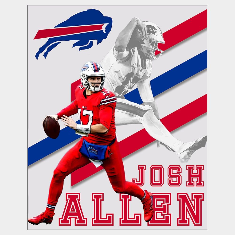 Josh Allen - The Hurdle - Raster Image Poster of NFL quarterback Josh Allen running with football and silhouette of The Hurdle in the background