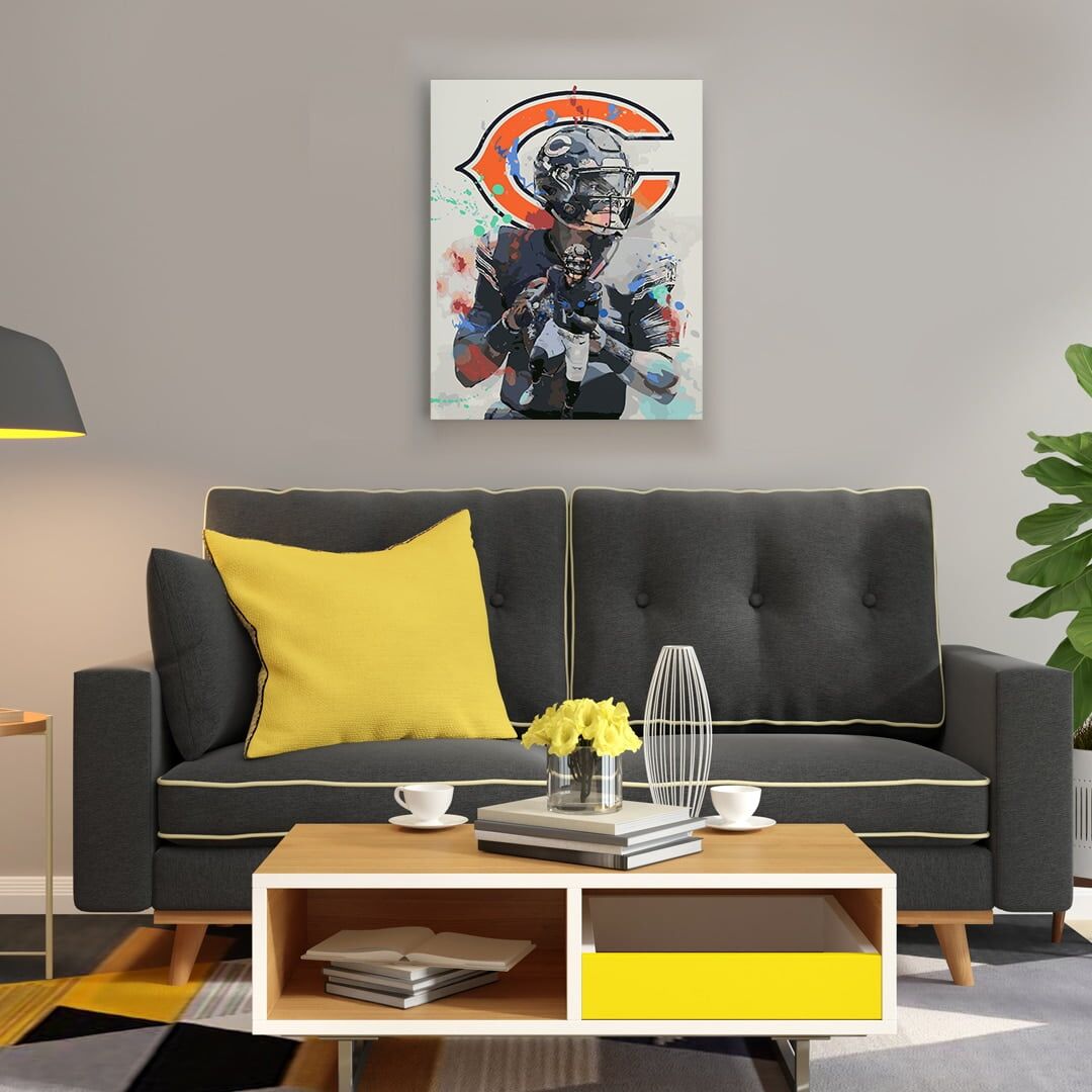 Justin Fields - Paint-Splatter - Mockup Canvas fan art painting of Justin Fields hanging in living room above gray and yellow sofa