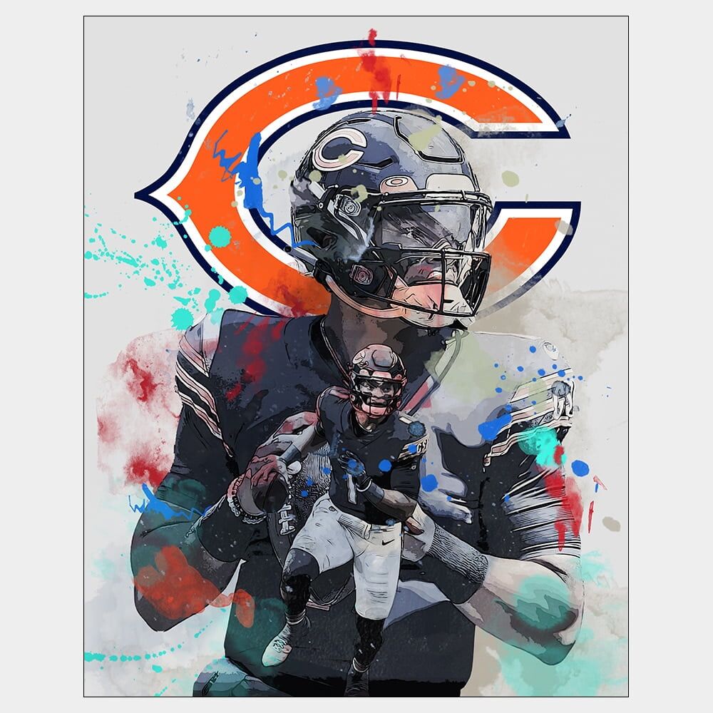 Justin Fields - Paint Splatter - Raster Image NFL QB Justin Fields painting style print with paint splatter and Chicago Bears logo in background