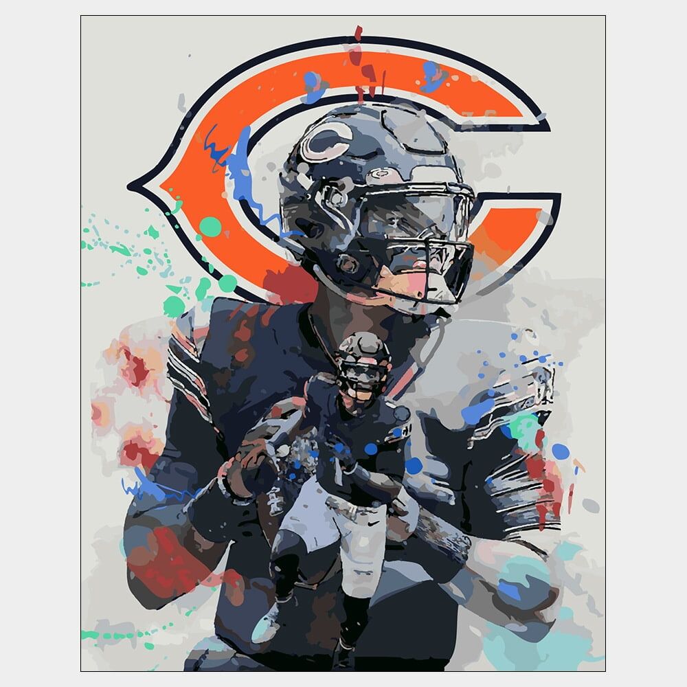 Justin Fields - Paint Splatter - Vectorized Chicago Bears quarterback Justin Fields art work poster with paint splashes and Chicago Bears Logo in background
