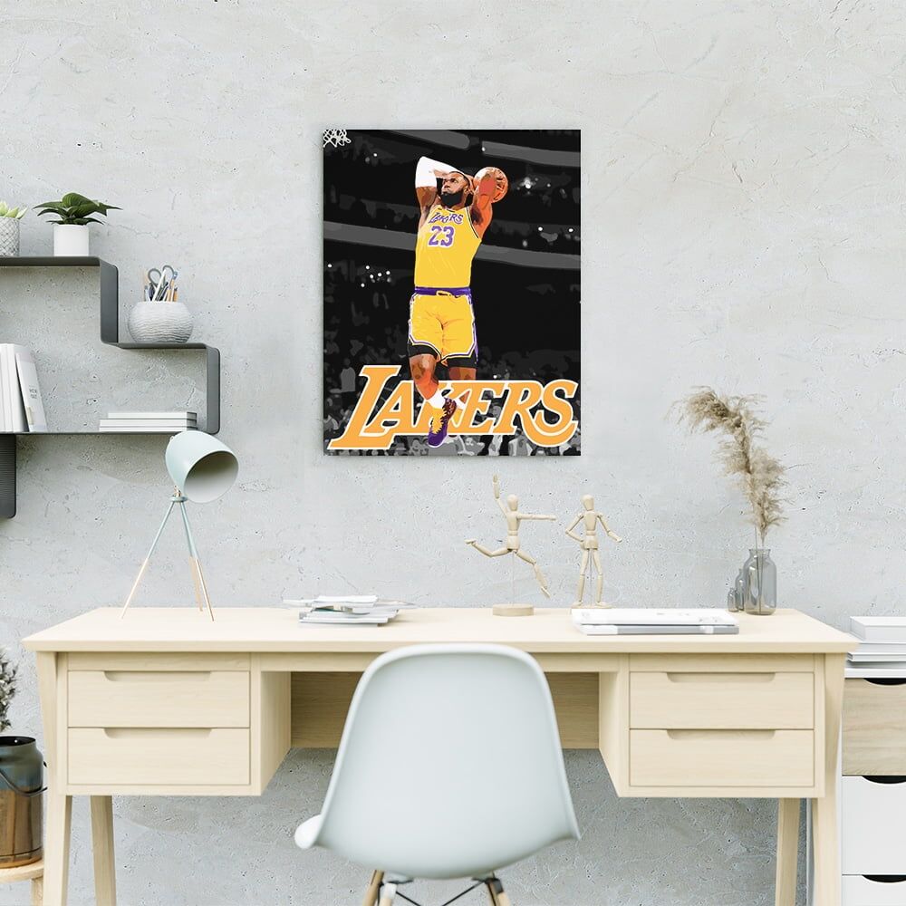 Lebron James - King James - Mockup Canvas wall art painting of LeBron King James in yellow lakers jersey slam dunk hanging on wall