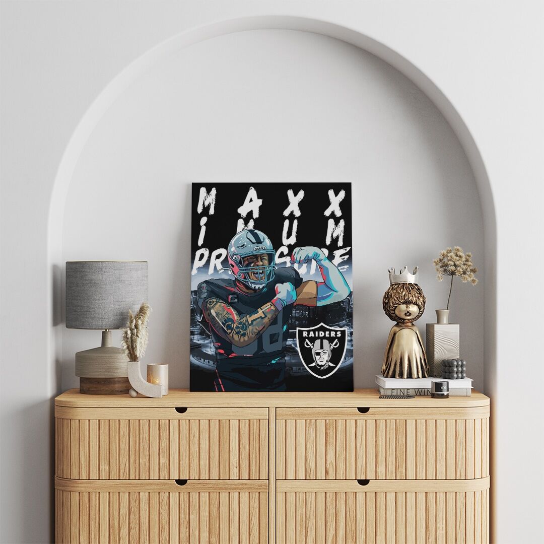 Maxx Crosby - Maxximum Pressure - Mockup Framed canvas wall art painting of Maxx Crosby DE Las Vegas Raiders flexing in from of stadium