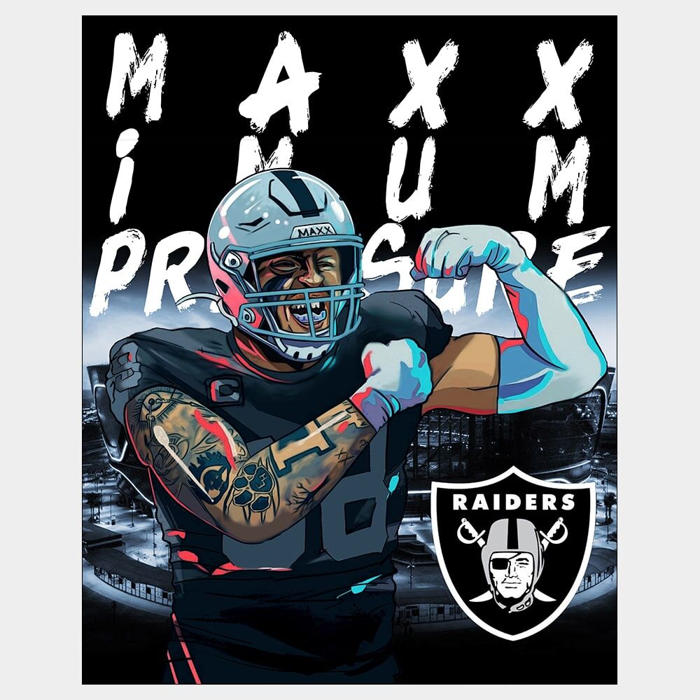 Maxx Crosby - Maxximum Pressure - Raster Image Poster fan art of Maxx Crosby NFL defensive end flexing in front of stadium with Raiders logo in background