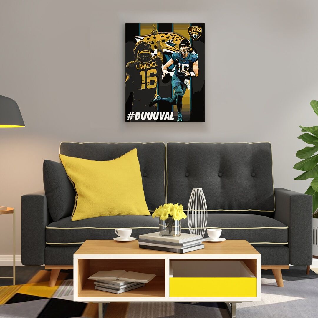 Trevor Lawrence - #DUUUVAL - Mockup Canvas wall art painting of Jacksonville Jaguars QB Trevor Lawrence with logo background #DUUUVAL