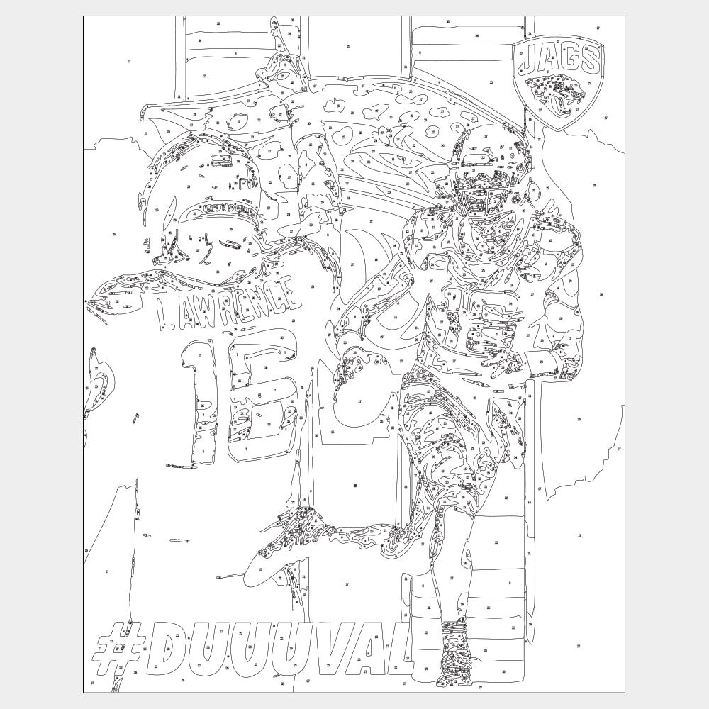 Trevor Lawrence - #DUUUVAL - Outline Paint by number outline for DIY sports art of NFL QB Trevor Lawrence of Jacksonville Jaguars with team logo background