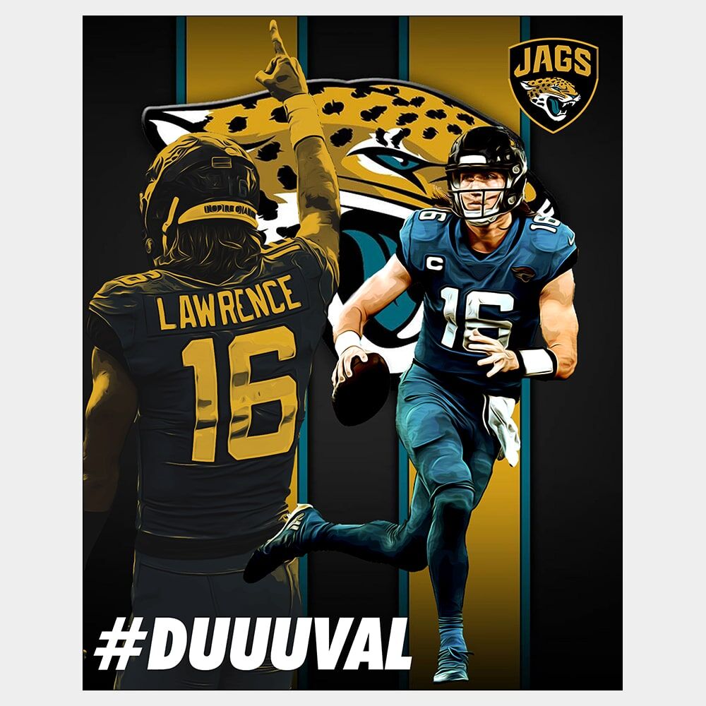 Trevor Lawrence - #DUUUVAL - Raster Image Poster wall fan art of Jags quarterback Trevor Lawrence running in teal football uniform holding a football